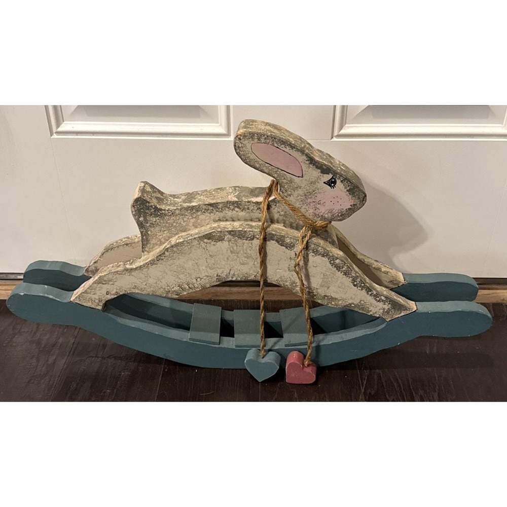Vintage Style Wooden‎ Rocking Rabbit Bunny Hearts Folk Art 22 Inch Easter